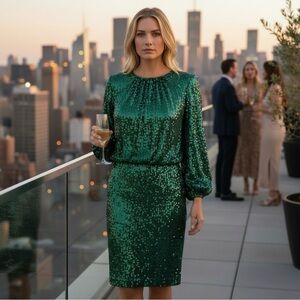 Vince Camuto Full Sequin Emerald Green Blouson Sleeve Dress NWT Size 4